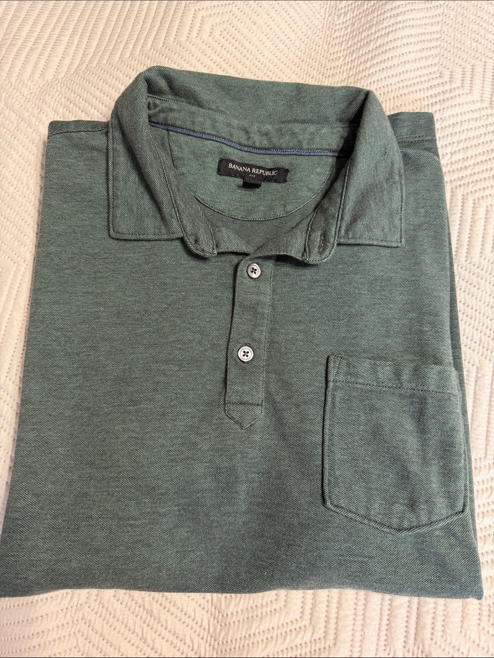 Banana Republic Men's Heathered Sage Green Polo with Pocket. Thicker material.